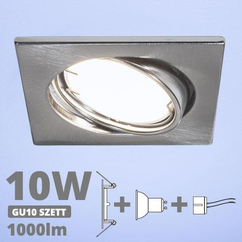 LED spot szett: mattkróm bill. keret, négyzet + 9,5 Wattos, hideg fehér GU10 LED lámpa + GU10 csatlakozó (kettesével rendelhető)