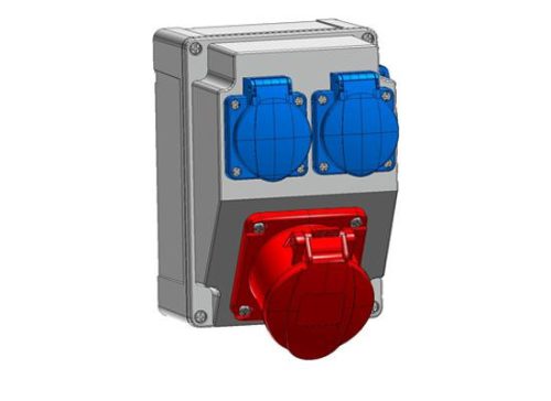 szerelt 3317-es doboz 1x 5p 16A-ip44 beép.dugalj + 2x 2p+f házt.dugalj