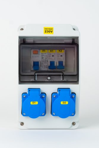 Szerelt ipari doboz, installációval,130X220mm, 2X(2P+F) , IP44, kismegszakítóval és Fí-relé-vel