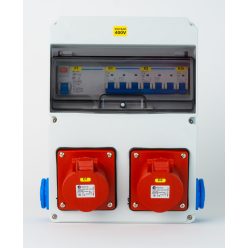   Szerelt ipari doboz installációval, 220x300mm, 2x(5P16A) + 2x(2P+F) oldalsó, IP44, kismegszakítóval, FI-relé