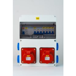   Szerelt ipari doboz installációval, 220X300mm, 2X(5P16A)+4X(2P+F) oldalsó, IP44, kismegsz.,Fí-relé