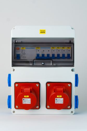Szerelt ipari doboz installációval, 220X300mm, 2X(5P16A)+4X(2P+F) oldalsó, IP44, kismegsz.,Fí-relé
