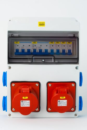 Szerelt ipari doboz installációval, 220X300MM,1X(5P16A)+1X(5P32A)+4X(2P+F)oldalsó, IP44, kismegszakítóval