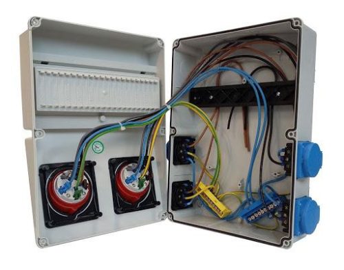 IPARI CSATLAKOZÓ DOBOZ 4x 2P+F, 1x 5P16A és 1x  5P32A vezetékelve