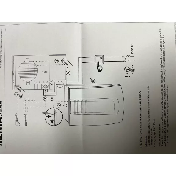 ONE-TONE vezetékes dallamcsengő 230V, 91dB