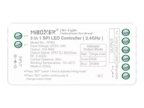 SPIR3, 3-in-1 távirányítható LED szalag vezérlő SPI digitális LED szalaghoz (futófény) (egyszínű, RGB, RGBW)