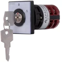  Ipari forgókapcsoló beépíthető 3P 10A IP40 0-1 állás fi30,5 furatba, kulcsos, előlappal