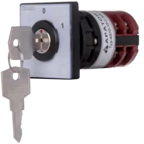 Ipari forgókapcsoló beépíthető 3P 10A IP40 0-1 állás fi30,5 furatba, kulcsos, előlappal