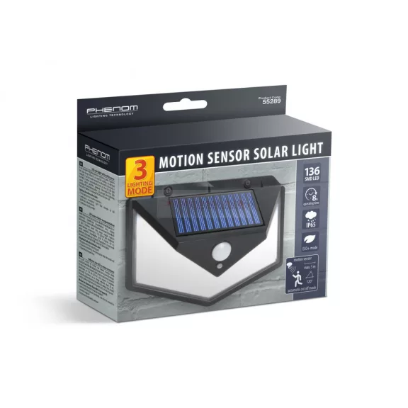 Mozgásérzékelős napelemes reflektor - fali - 136 LED