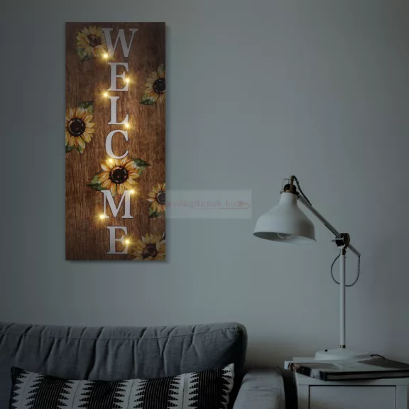 LED-es hangulatkép - "Welcome" - fali akasztóval, 2 x AA, 30 x 70 cm