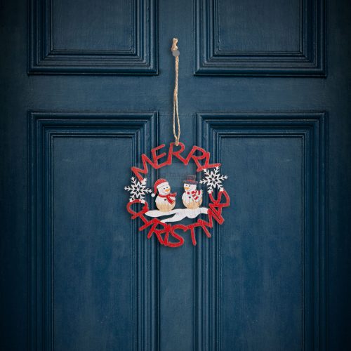 Karácsonyi dekoráció - fa, piros hóember - 10 cm