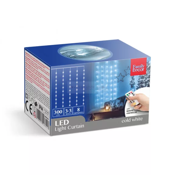Fényfüggöny - 300 db hidegfehér microLED-del - 3 x 3 m - 230V - távirányítós