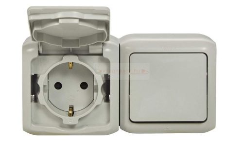 Legrand Forix egypólusú kapcsoló + 2P+F földelt csatlakozóaljzat, gyermekvédelemmel falon kívüli IP44 szürke