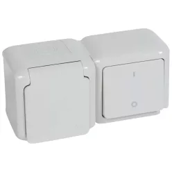   Legrand Forix kétpólusú kapcsoló + 2P+F földelt csatlakozóaljzat, gyermekvédelemmel falon kívüli IP44 szürke