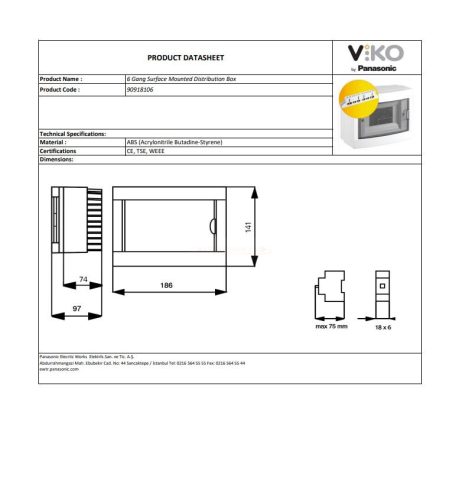 Lakáselosztó 6 modul IP40 falon kívüli Viko PE+N sín