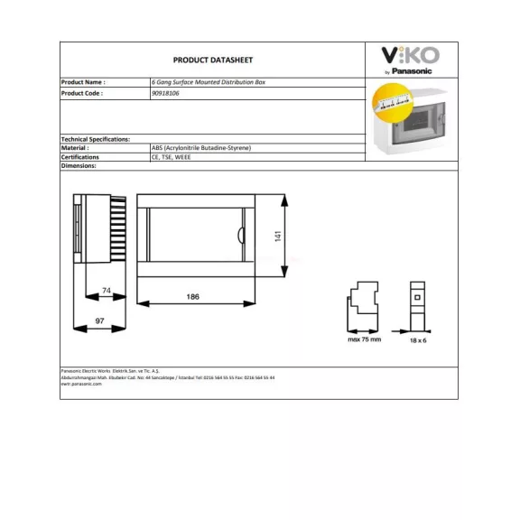 Lakáselosztó 6 modul IP40 falon kívüli Viko PE+N sín