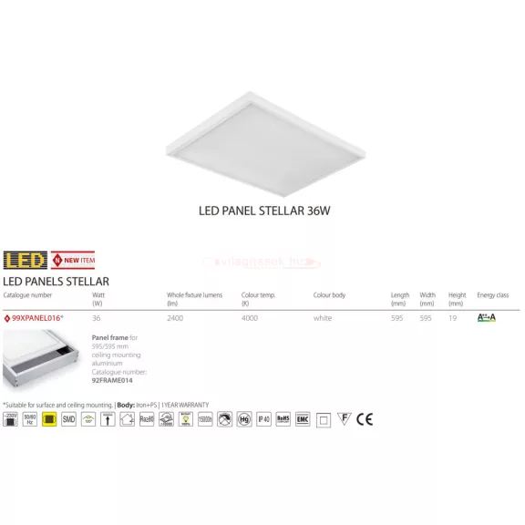 STELLAR LED PANEL 230V 36W 4000K 60x60 cm fehér