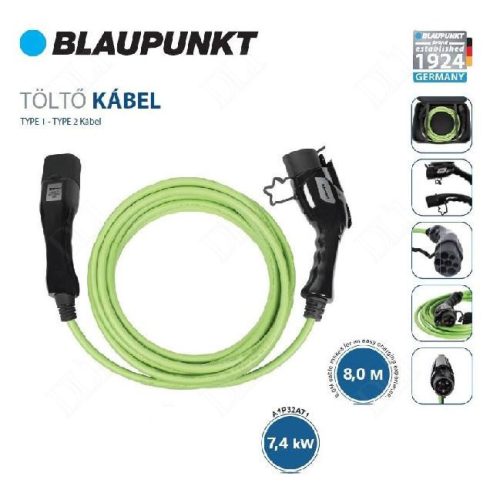 Blaupunkt töltőkábel 1 fázis elektromos autóhoz 7,4kW 8 m T1-T2