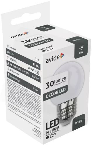 Avide Dekor LED fényforrás G45 1W E27 Fehér