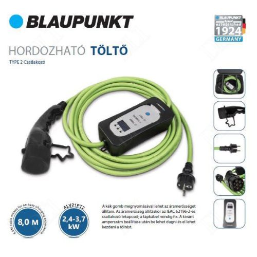 Blaupunkt hordozható töltő elektromos autóhoz 3,7kW 8 m Type-2 kábellel