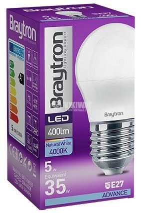 Led lámpa kis gömb 5W E27 G45 természetes fehér Braytron
