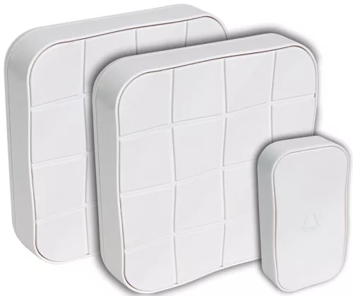 Vezeték nélküli csengő, négyzetes, 1 adó, 2 vevő 3×AA, 1×CR2032, IP44, 100m, 10 music