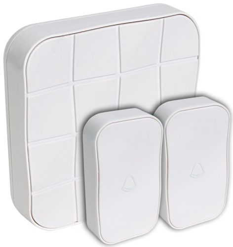 Vezeték nélküli csengő, négyzetes, 2 adó, 1 vevő 3×AA, 1×CR2032, IP44, 100m, 10 music