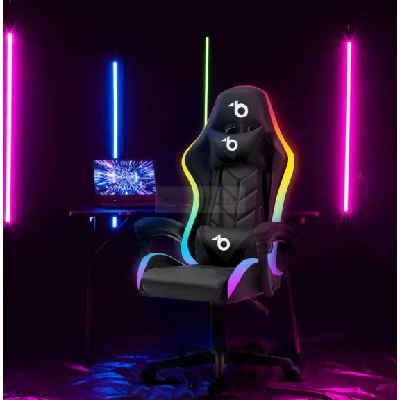 RGB LED-es gamer szék - karfával, párnával - fekete