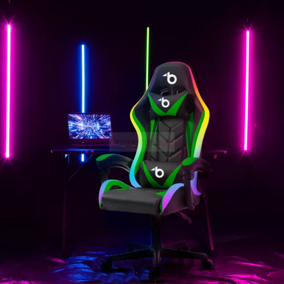 RGB LED-es gamer szék - karfával, párnával - fekete / zöld