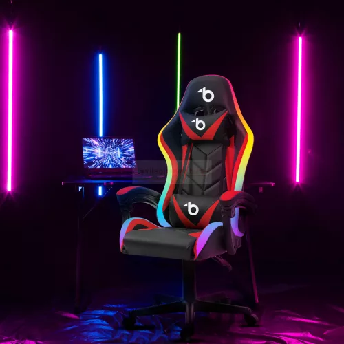 RGB LED-es gamer szék - karfával, párnával - fekete / piros