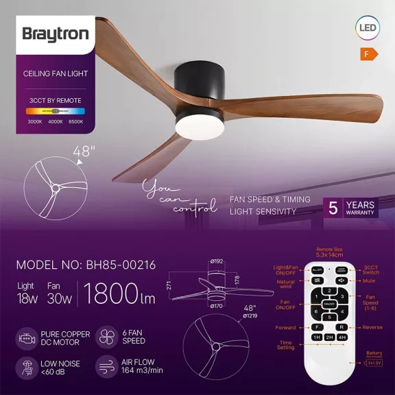 Ventilátor, mennyezeti csillárventilátor távirányítóval, CCT 18+30W fekete,fa