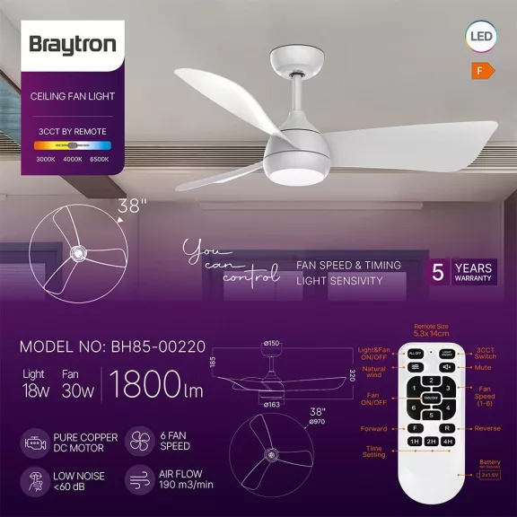Ventilátor, mennyezeti csillárventilátor távirányítóval, CCT 18+30W fehér fém