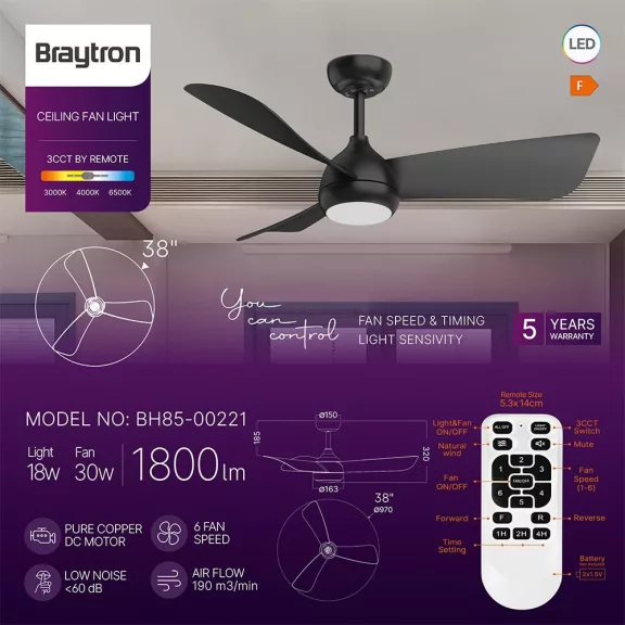 Ventilátor, mennyezeti csillárventilátor távirányítóval, CCT 18+30W fekete fém