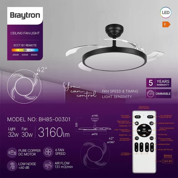 Ventilátor + LED lámpa távirányítóval, dimmelhető CCT 32+30W fekete