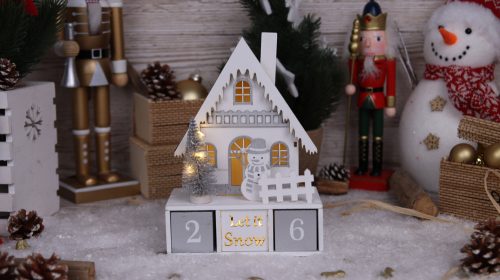 LED karácsonyi kocka naptár, házikó, fa, elemes 8LED