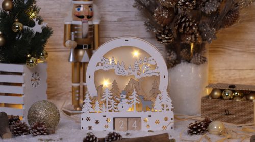 LED karácsonyi kocka naptár tájkép, fa, elemes 8LED