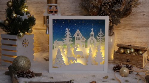 Karácsonyi LED tájkép, fa, elemes, 6+18h, 12LED, 3000K, 2xAA