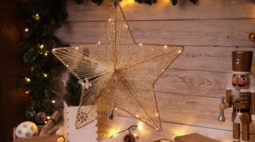LED karácsonyi csillag,arany,fém,elemes