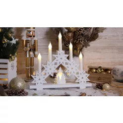   Karácsonyi LED gyertya,csillag,fehér,fa,elemes, 5LED 3000K 2xAA