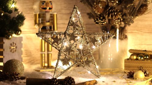 Karácsonyi LED csillag, arany, fém, elemes, 6+18h, 14LED, 3000K, 2xAA