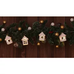   Karácsonyi LED fényfüzér dekoráció, fehér házikó,fa, elemes, 6+18h, 10LED, 3000K, 2xAA
