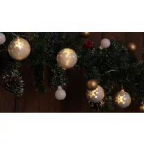   Karácsonyi LED fényfüzér dekoráció, fehér hópelyhes gömb, elemes, 6+18h, 10LED, 3000K, 2xAA