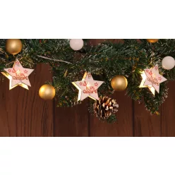   Karácsonyi LED fényfüzér dekoráció, feliratos csillagos, elemes, 6+18h, 10LED, 3000K, 2xAA