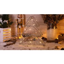   Karácsonyi LED fenyő, ezüst, fém, elemes, 6+18h, 15LED, 3000K, 2xAA