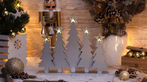 Karácsonyi LED karácsonyfa,fa, ezüst, elemes, 6+18h,5LED, 3000K, 2xAAA