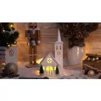   Karácsonyi LED dekoráció, fa templom, elemes, 6+18h, 4LED, 3000K, 3xAA