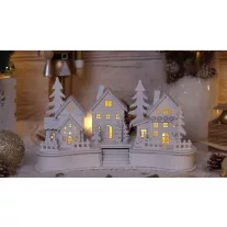   Karácsonyi LED falu dekoráció, fa, elemes, 6+18h, 6LED, 3000K, 2xAA