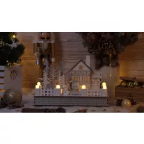   Karácsonyi LED dekoráció, fa, kis ház, elemes, 6+18h, 12LED, 3000K, 2xAA