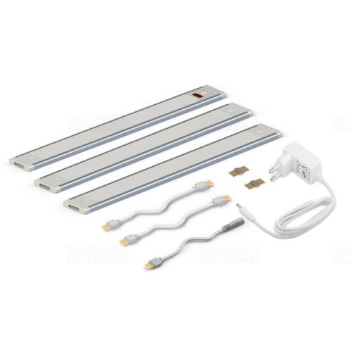 LED bútorvilágító 12V 3x1,5W 4000K 3x135lm, szabályozható fényerő, IP20 3 részes, 300x35x6,2mm, opál búrával, adapterrel, érintés nélkül kapcsolható