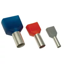   Szigetelt (PA6.6) iker-érvéghüvely 2×1,5mm2, L=8mm, ónoz. elektr.réz, piros